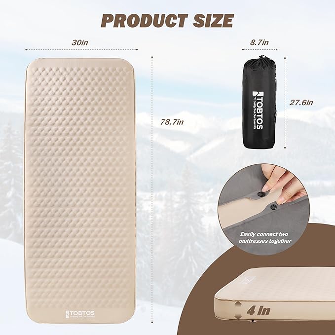 TOBTOS 4" Thick Self Inflating Sleeping Pad with Electric Pump, Ultra-Compressible Foam Air Camping