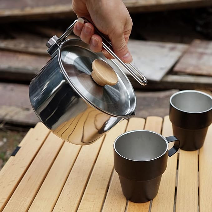 Stainless Steel Camping Kettle, Portable 1L Camping Pot with Removable Handle, Ideal for Outdoor