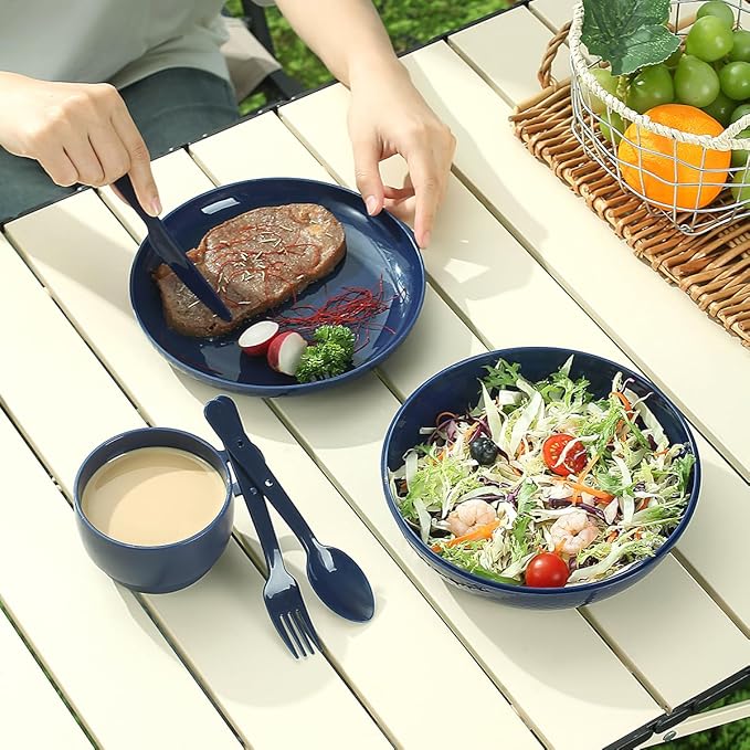 Evanda Camping Mess Kit with Bowl, Plate, Cup, Spoon, Fork, Knife and Carry Bag, Reusable Camping