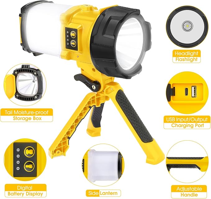Tripod Rechargeable Camping Lantern, 6 Modes LED Flashlight Handheld Spotlight with 4000LM, 4400mAh