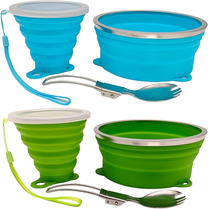 Mess Kit for Camping Silicone Collapsible Bowl Collapsible Cup and Stainless Steel Spoon for