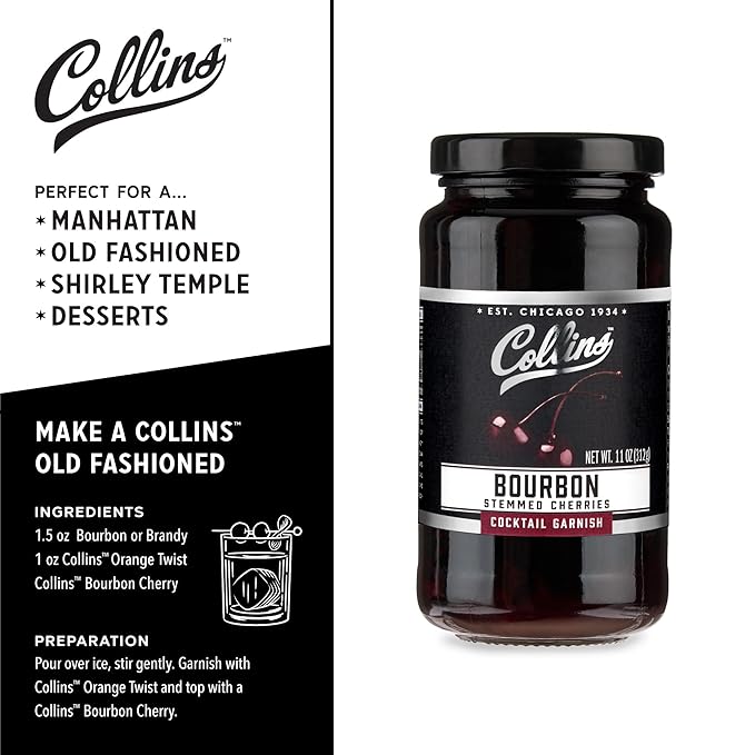 Collins Bourbon Cocktail Cherries - Drinks Garnish for Manhattan or Old Fashioned Cocktails and