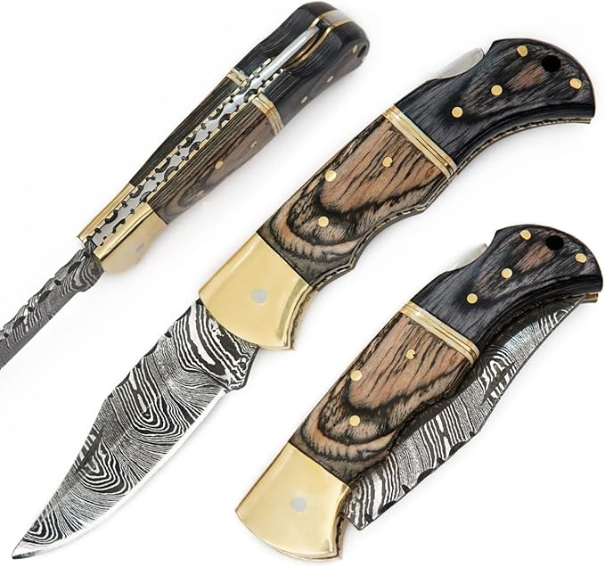 6.5 inch Damascus Pocket Knife with Sheath, Handmade Folding Pocket Knife for Men, Black-Red Wooden