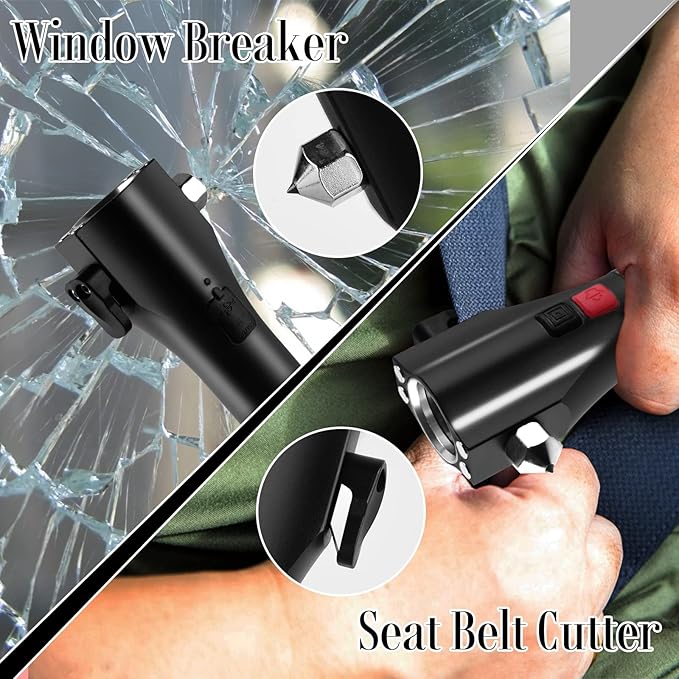 Solar Powered Car Safety Hammer Flashlight with Seatbelt Cutter, LED High Lumens, Red and Blue SOS
