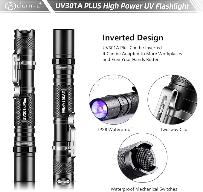 LIGHTFE Blacklight 395nm UV Flashlight UV301A-Plus with SSC UV LED, Pure Beam for UV Glue Curing