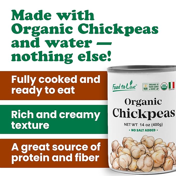 Food to Live Organic Canned Chickpeas, 14 oz (Pack of 4) - Unsalted Non-GMO Garbanzo Beans. Vegan.