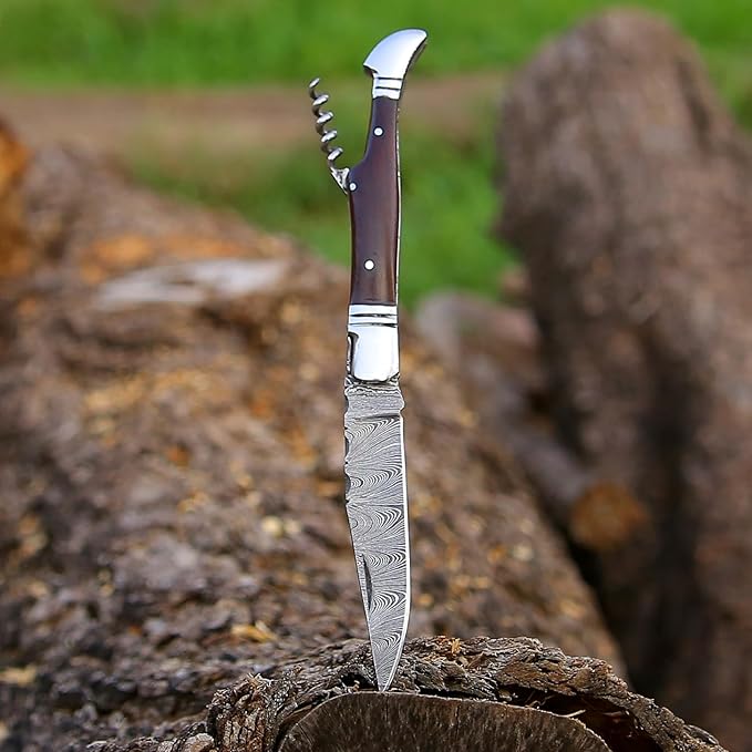 6.5 inch Damascus Pocket Knife with Sheath, Handmade Folding Pocket Knife for Men, Black-Red Wooden
