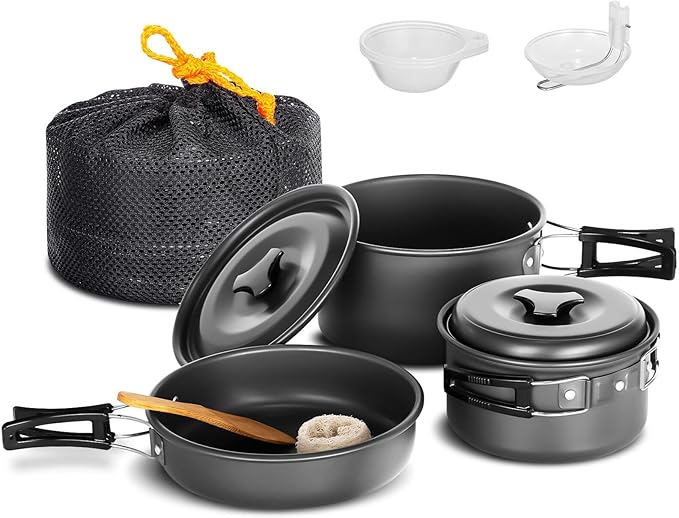 Lixada 10pcs Camping Cookware Mess Kit, Non-Stick Lightweight Stackable Pot Pan Bowls Camping