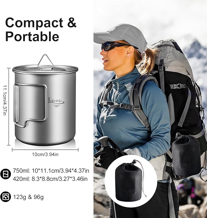 Titanium Pot with Lid, Lightweight Camping Pot with Foldable Handles, Portable Titanium Cooking