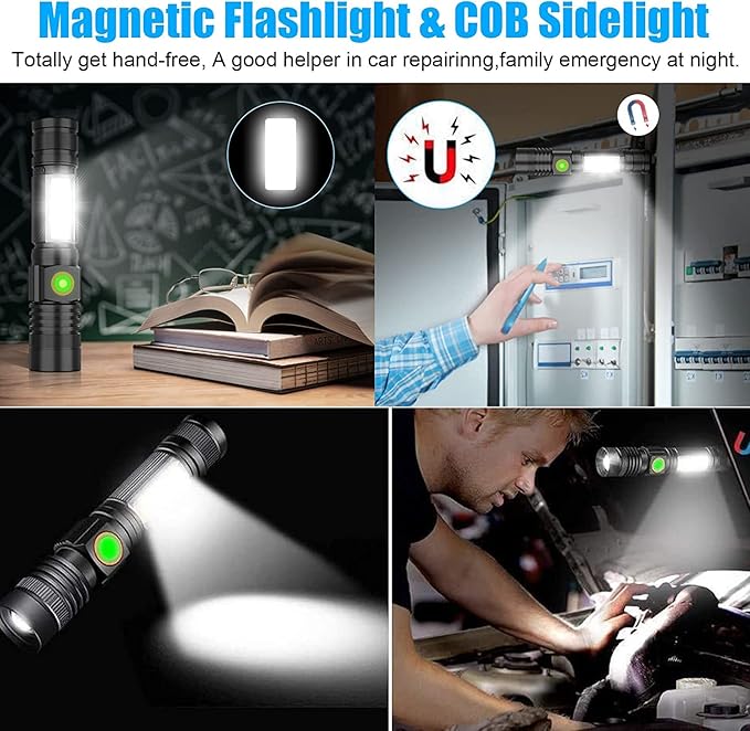 USB Rechargeable Flashlight, Magnetic LED Flashlight, Super Bright LED Tactical Flashlight with Cob