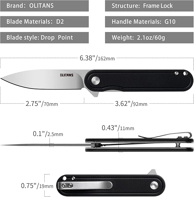 G040 Pocket Knife, 2.75'' D2 Steel Blade G10 handle, Small EDC Knife with Pocket Clip for Men