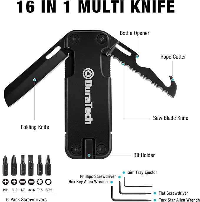 DuraTech 16-in-1 Multitool Knife, Compact EDC Pocket Tool with Locking Blade, Magnetic Bit Holder