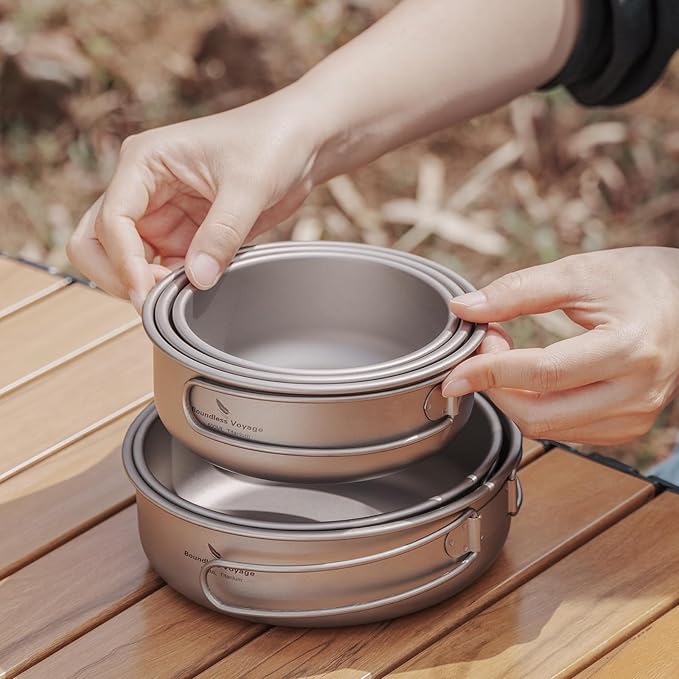 Boundless Voyage Titanium Bowls Dishes Set with Folding Handle Lightweight Portable Plates Saucers