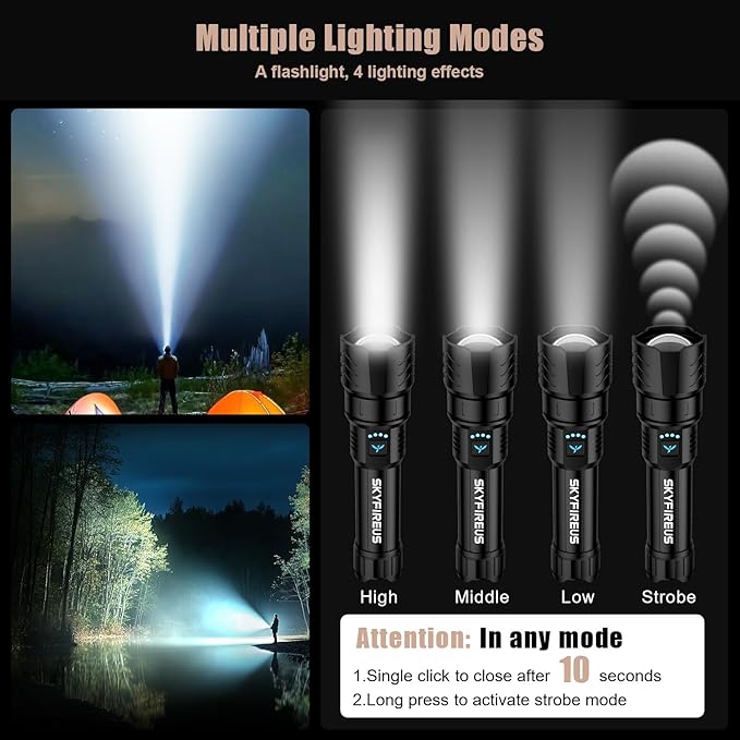 SKYFIRE LED Flashlight High Lumens,2000lm Super Bright Rechargeable Flashlight,Zoomable,Four