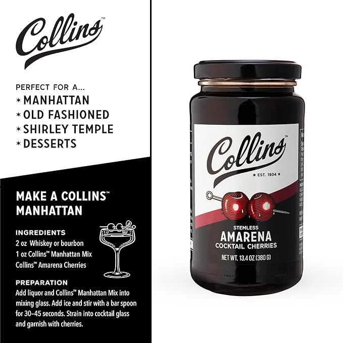Collins Amarena Cherries in Syrup | Premium Garnish for Cocktails, Martinis, Old Fashioned