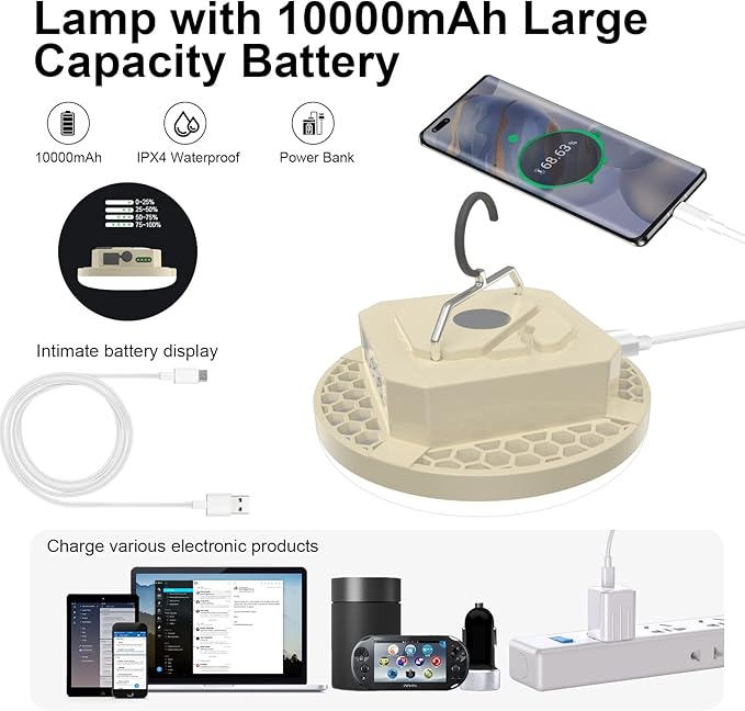 10000mAh Rechargeable 3000LM Tent Light Camping Light, 6500K 24Hours Long Play Time , Outdoor Night