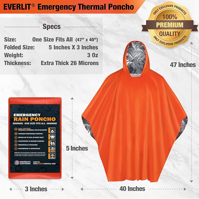 Everlit Survival Rain Poncho Emergency Mylar Space Blanket Camping Gear-Retain 90% of Body Heat