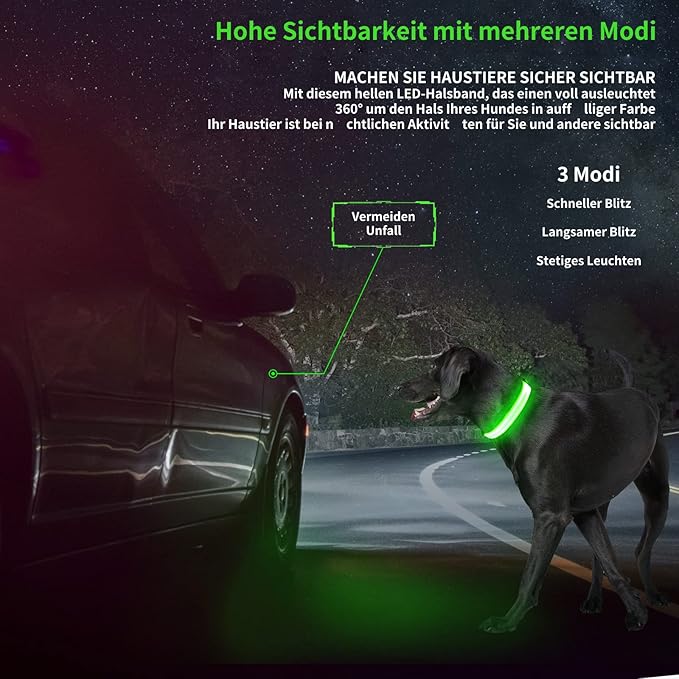 Led Dog Collar - Adjustable, Rechargeable, Waterproof, Glows in Dark for Medium Large Dogs