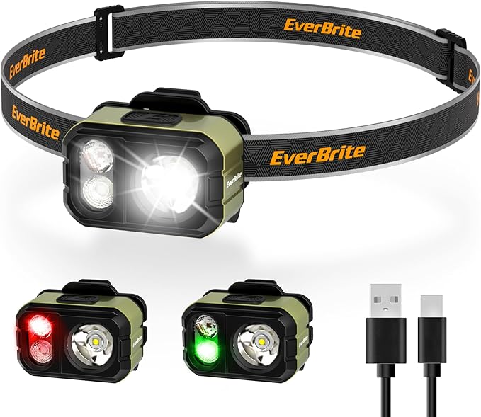 EverBrite Rechargeable LED Headlamp, Only 1.59 OZ Ultra-Light with Hat Clip, IP67 Waterproof