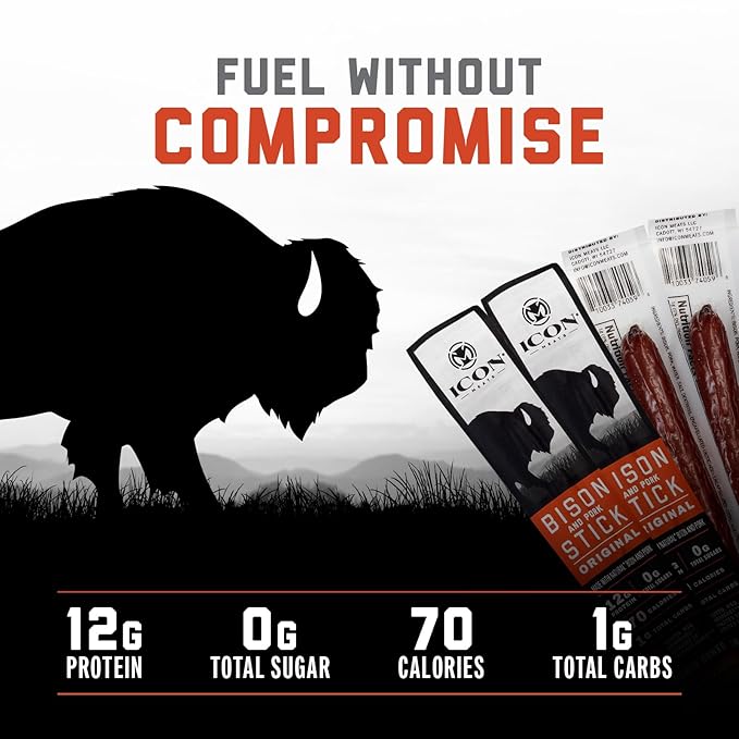 ICON Meats Bison and Pork Snack Sticks - Original Flavor - 24 Pack of Individually Wrapped Jerky