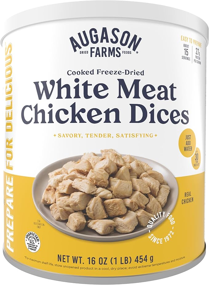 Augason Farms Cooked Freeze Dried White Meat Chicken Dices Can, Emergency Food Supply, Everyday