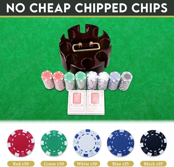 Poker Set, 200pcs 11.5gr Hefty Casino Chip Set with Solid Wooden Rotating Carousel Case and 2 Decks
