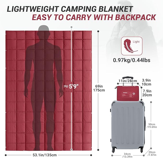 KingCamp Ultralight Camping Blanket, Packable Down Alternative Puffy Wearable Blankets Weatherproof