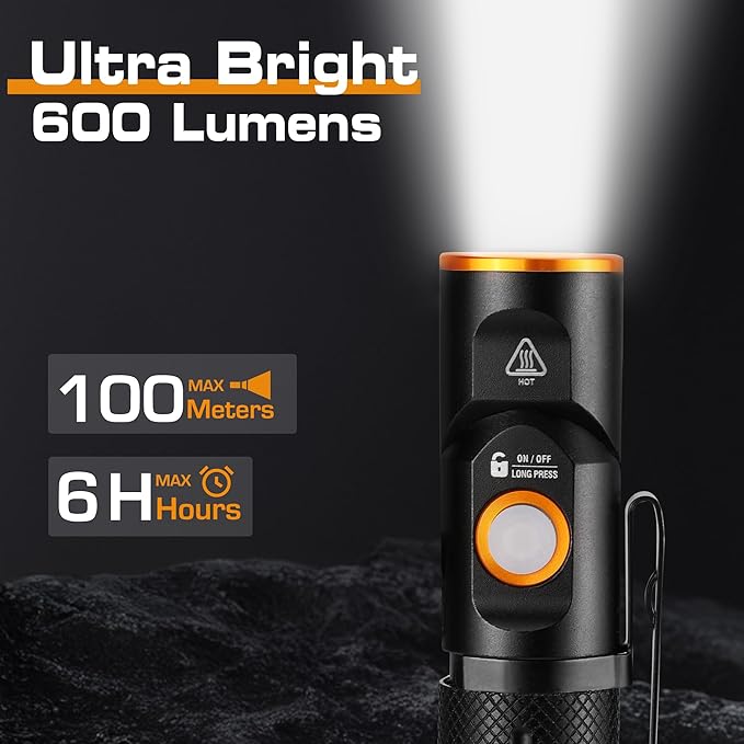 EverBrite 600 Lumens Pocket Flashlight, 90 Degree Tactical Pen Light with Magnet, Type-C