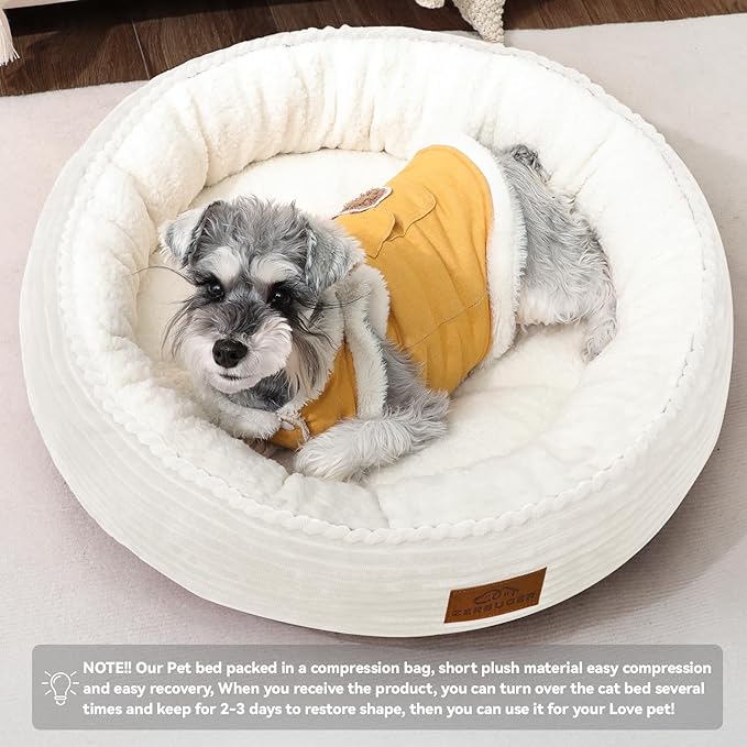 23in Cream Round Cat Dog Bed Gift for Large Medium Small Dogs Cats, Machine Washable Sleeping Sofa