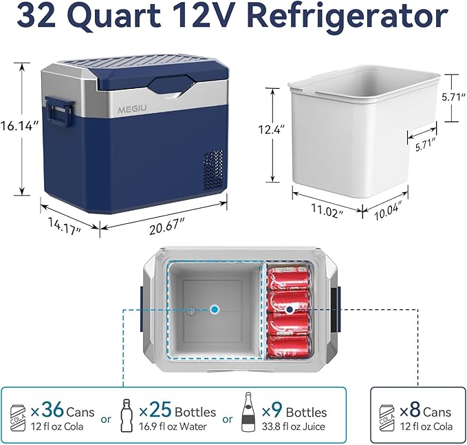 Car Fridge Portable 12V Refrigerator 32 Quart 12 Volt Freezer Compressor Cooler 12V/24V DC 110～240