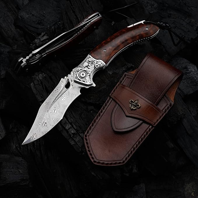Japanese VG 10 Damascus Steel Folding Knife, Outdoor Wilderness Survival Pocket Knife, Snake Wood