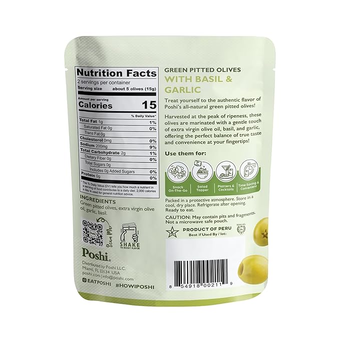 POSHI Green Pitted Olives - Basil & Garlic | Vegan, Kosher, Gluten Free + Keto Friendly, Fresh, Low
