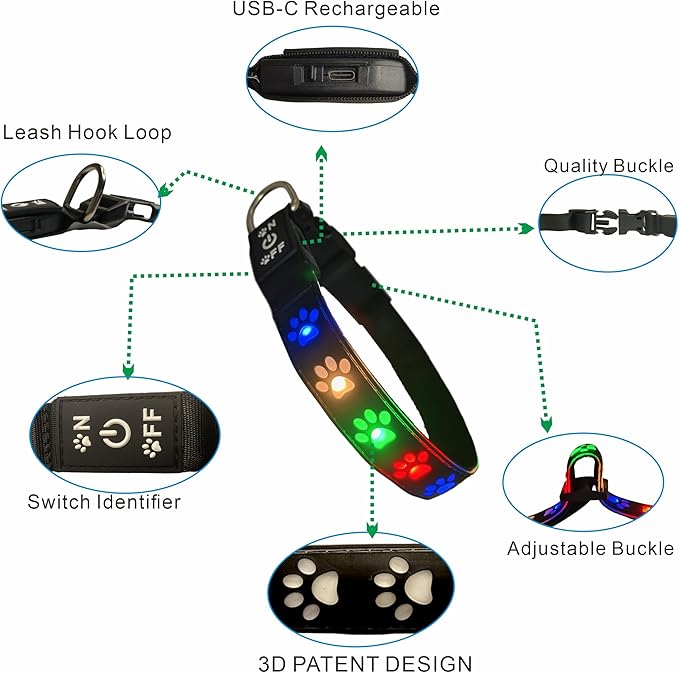 LED Light Up Dog Collar, USB-C Rechargeable, Multicolor Paw Print Design, 15 Modes Lighting Night
