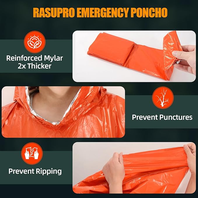 4 Pack Emergency Ponchos with Thickened Mylar Blanket Lining, Windproof, Waterproof, and Thermal