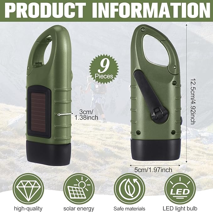 Leelosp 9 Pieces Hand Crank Flashlight Solar Powered Flashlight for Emergencies Dynamo Rechargeable