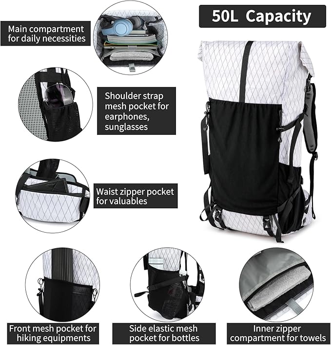 Hiking Backpack,40L to 50L Extra Large Capacity Hiking Bag,Internal Frame Camping Backpack,Upgraded