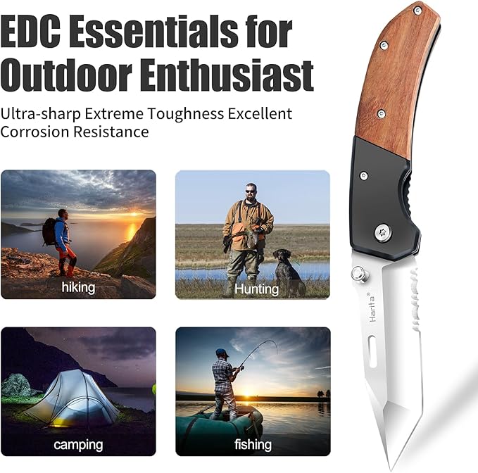 Harita Pocket Knife for Men, Folding Utility with Pocket Clip, Wood Handle EDC for Women with 3.4″