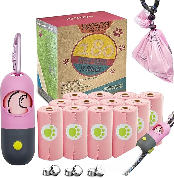 Dog Poop Bags Holder with LED Flashlight|Pet Waste Bags Dispenser for Leash|Doggie Potty Bags