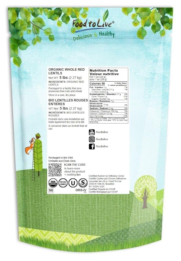 Food to Live Organic Whole Red Lentils, 5 Pounds Non-GMO, Dry Raw Lentils, Sproutable, Vegan