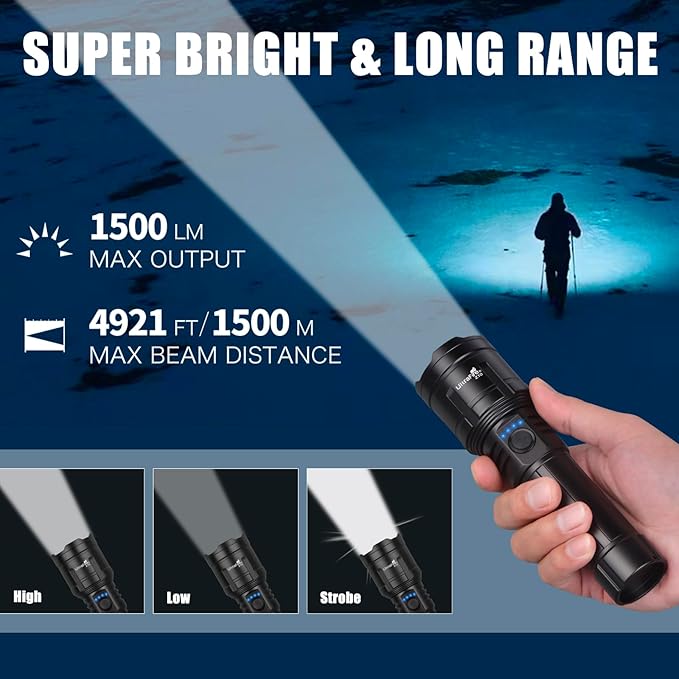 ULTRAFIRE Flashlights High Lumens with Ignition Lens, 1500 LM Super Bright Zoomable Tactical