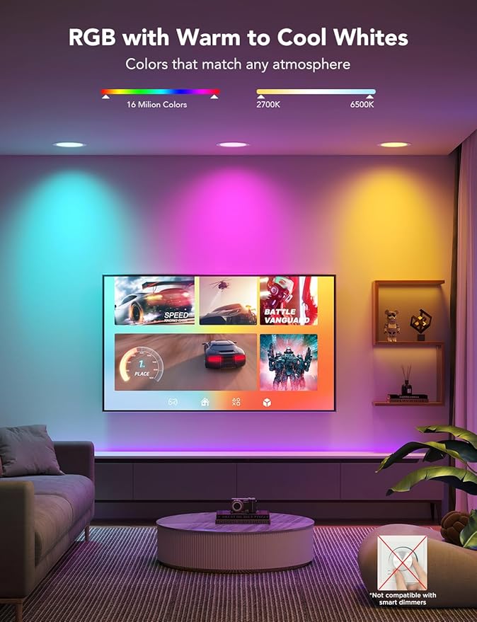 Govee Smart Recessed Lighting 4 Inch, Wi-Fi Bluetooth Direct Connect RGBWW LED Downlight, 65 Scene