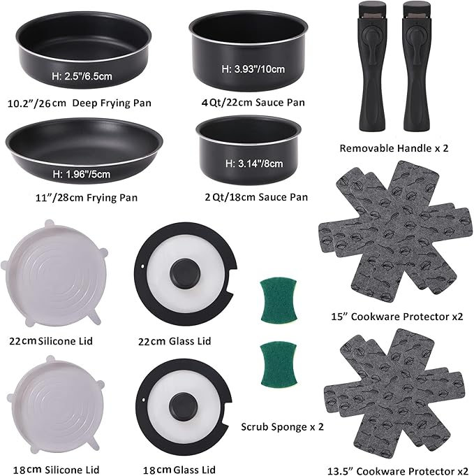 16 Pieces Kitchen Removable Handle Cookware Sets, Stackable Pots and Pans Set Nonstick for