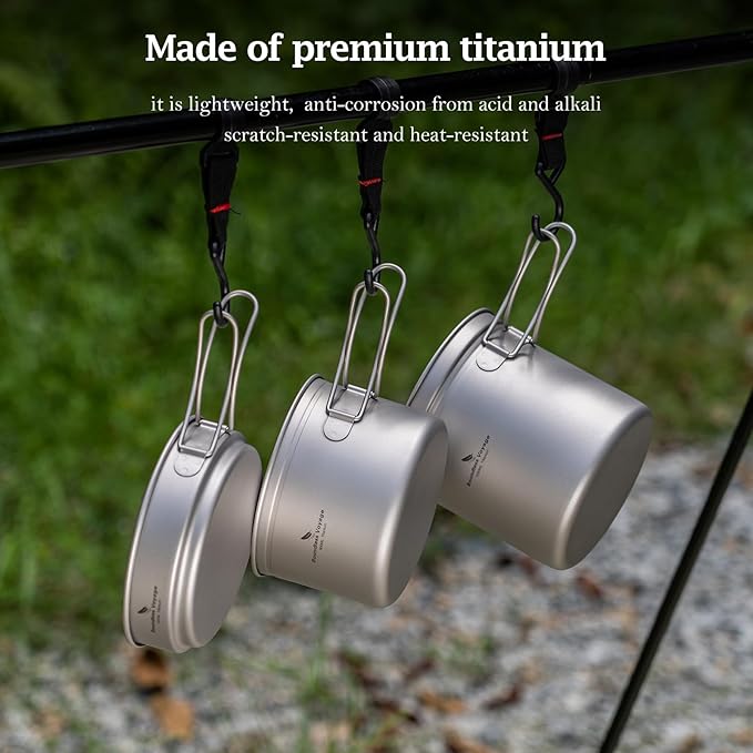 iBasingo Titanium Pot Pan Set with Folding Handle - Ultralight Portable Outdoor Cookware Mess Kit