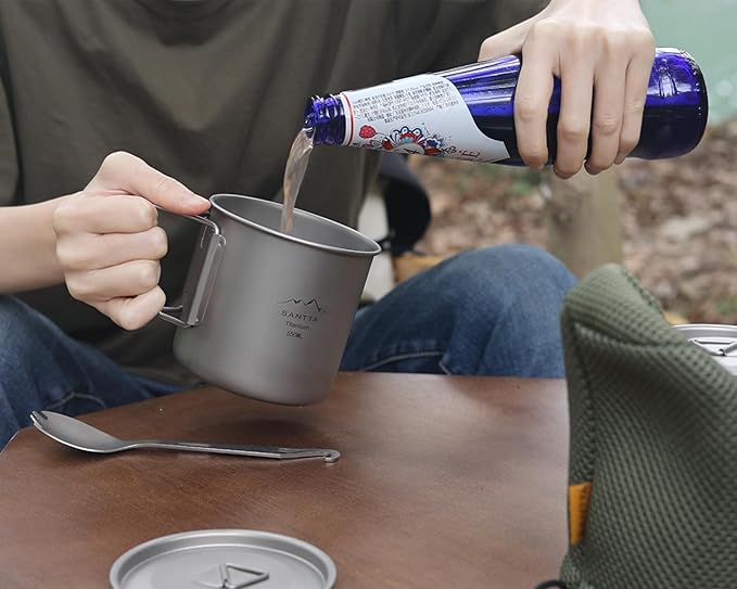 SANTTA Camp Cup MUG with Lid & Pouch, 18.6 oz Ultra Light Titanium Cup with Foldable Handle Camping