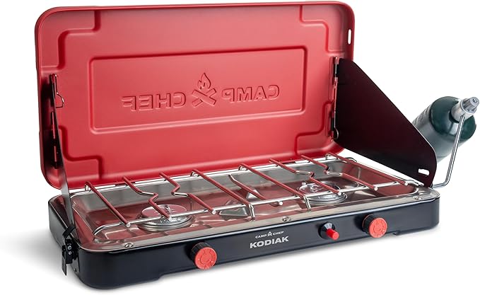 Camp Chef Mountain Series Kodiak - High Outpt Two-Burner Camp Stove - Lid Doubles as Windscreen