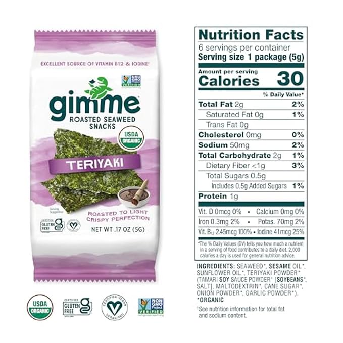 Gimme Seaweed Organic Premium Roasted Seaweed Snacks, Teriyaki, 6 Count, Keto, Vegan, Gluten-Free