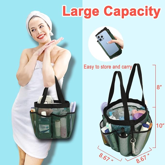 Mesh Shower Caddy Portable for College Dorm Room Essentials, 8-Pocket Large Shower Basket Tote Bag