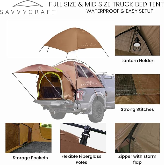 Savvycraft Pickup Truck Tent for Full Size and Mid Size Truck Short Bed and Long Bed, Waterproof