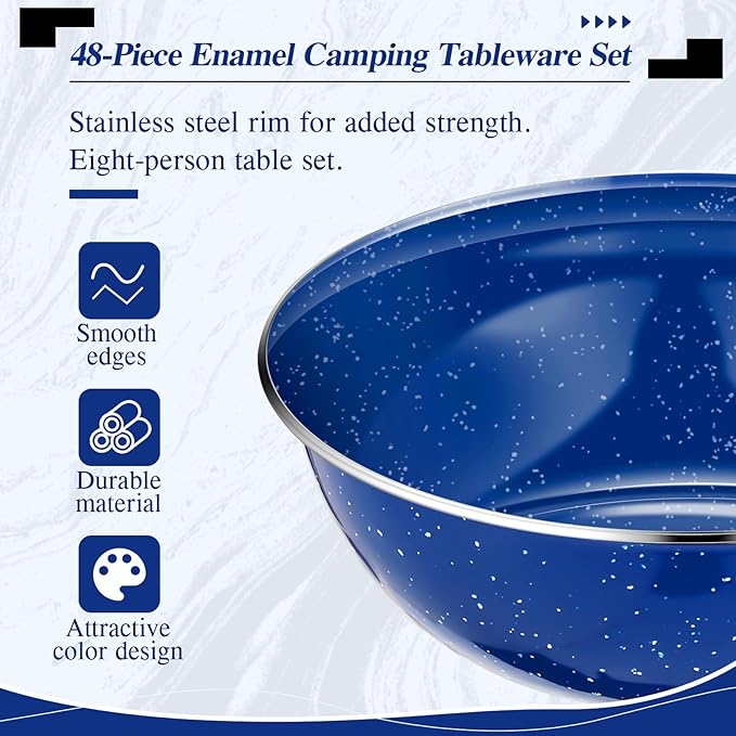 Nuogo 48 Pcs Enamel Camping Tableware Includes 12 oz Coffee Mugs 10.5 Inch Camping Plates 6 Inch