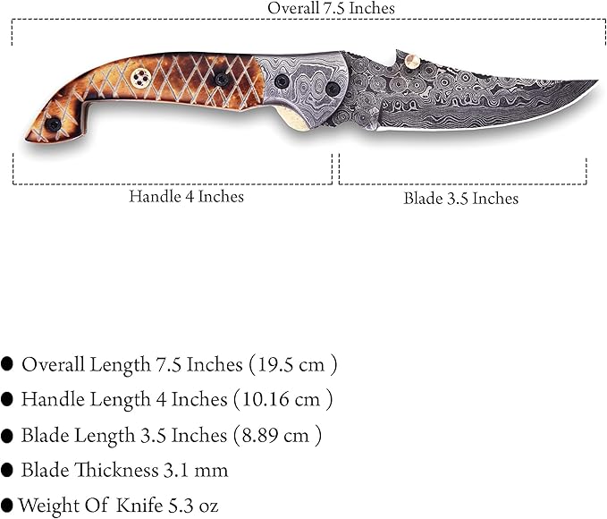 Handmade Damascus Folding Knife for Men with Burn Bone, 7.5 inch Pocket Knife with Sheath,Tactical
